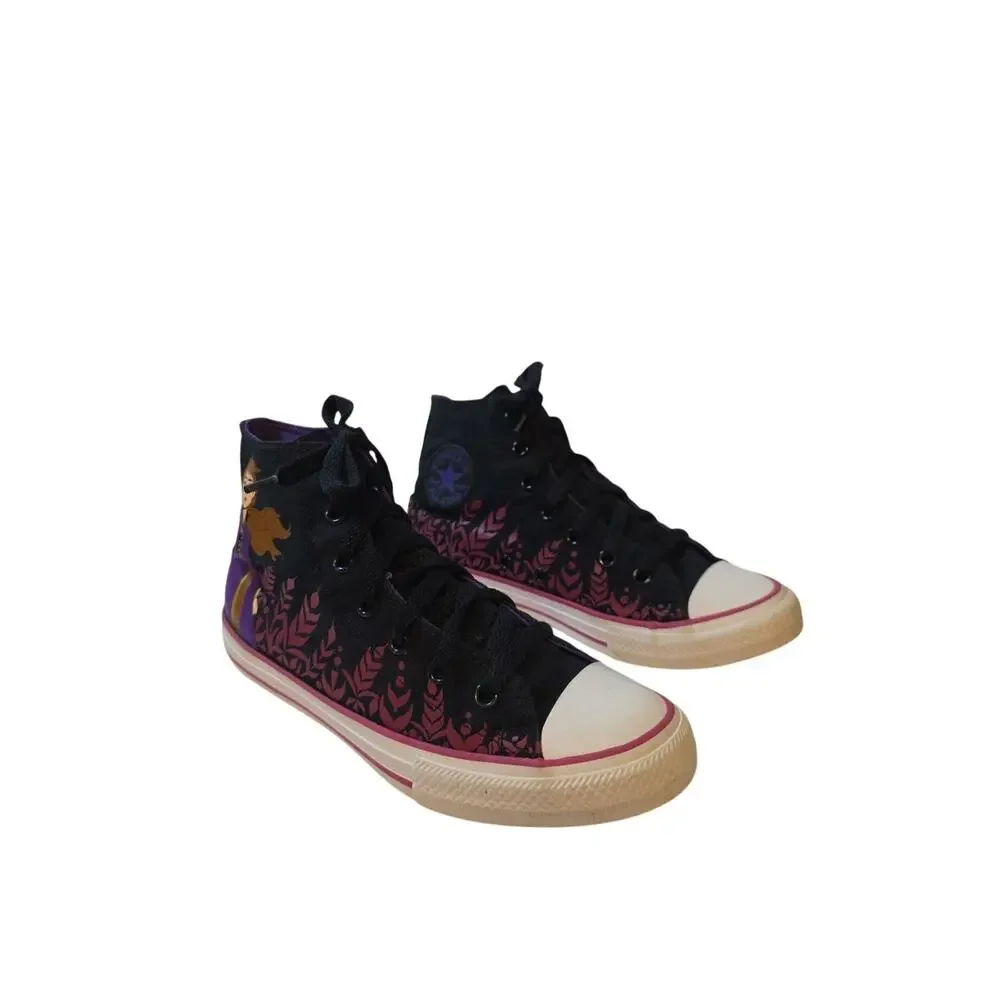 Disney Frozen Anna Girls 3 High Top Sneakers Black Purple Leaf Print Lace Up